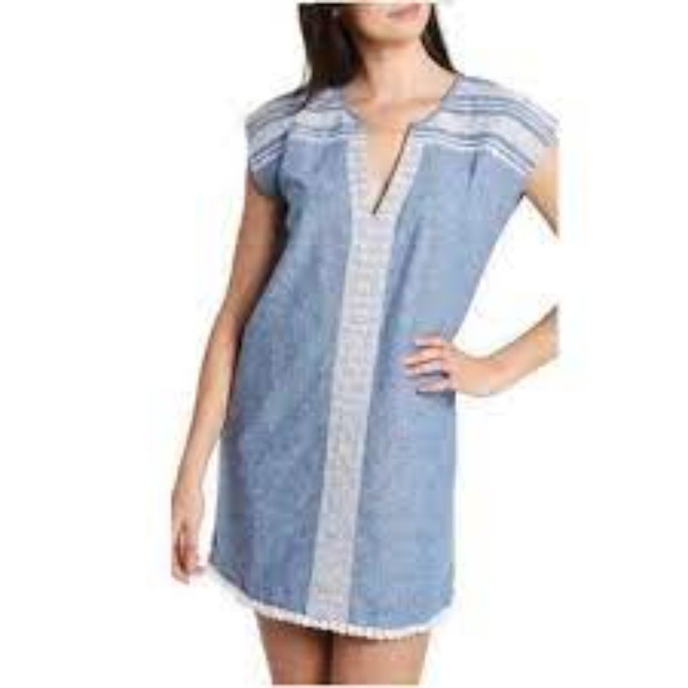 Soft Joie Dress Blue Chambray Extra Small XS Natali Cotton Linen Embroidery